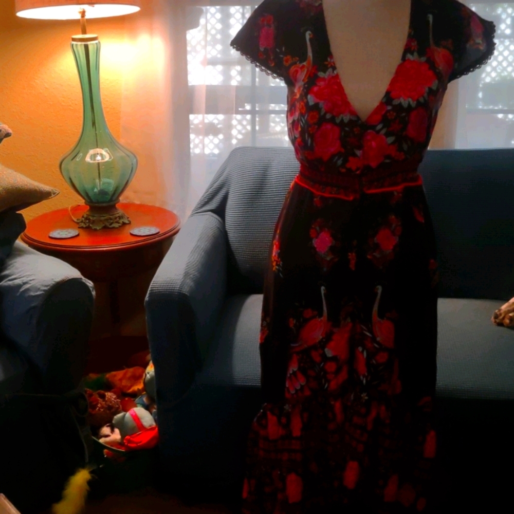 Unk Black and Red Floral High Low Dress